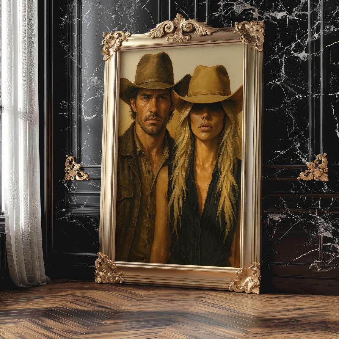 Vintage Cowboy Cowgirl Couple Oil Painting Portrait Western Art Print