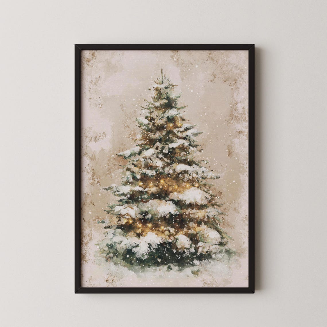 Muted Watercolor Snowy Christmas Tree Warm Lights Holiday Poster