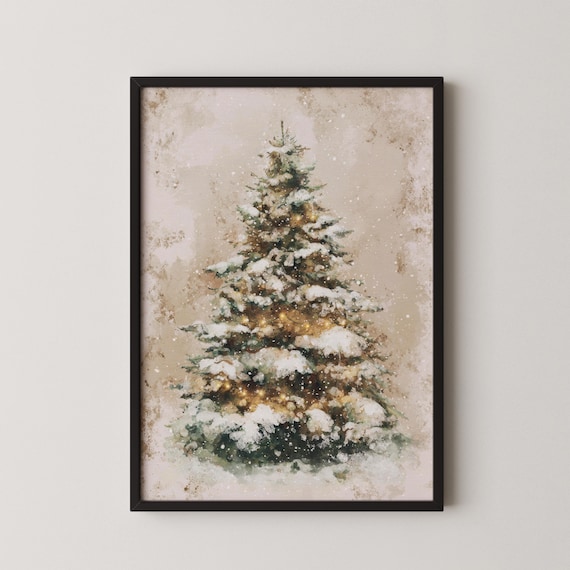 Muted Watercolor Snowy Christmas Tree Warm Lights Holiday Poster