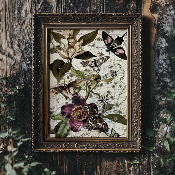 Vintage Butterfly Botanical Celestial Star Chart Astronomy Poster