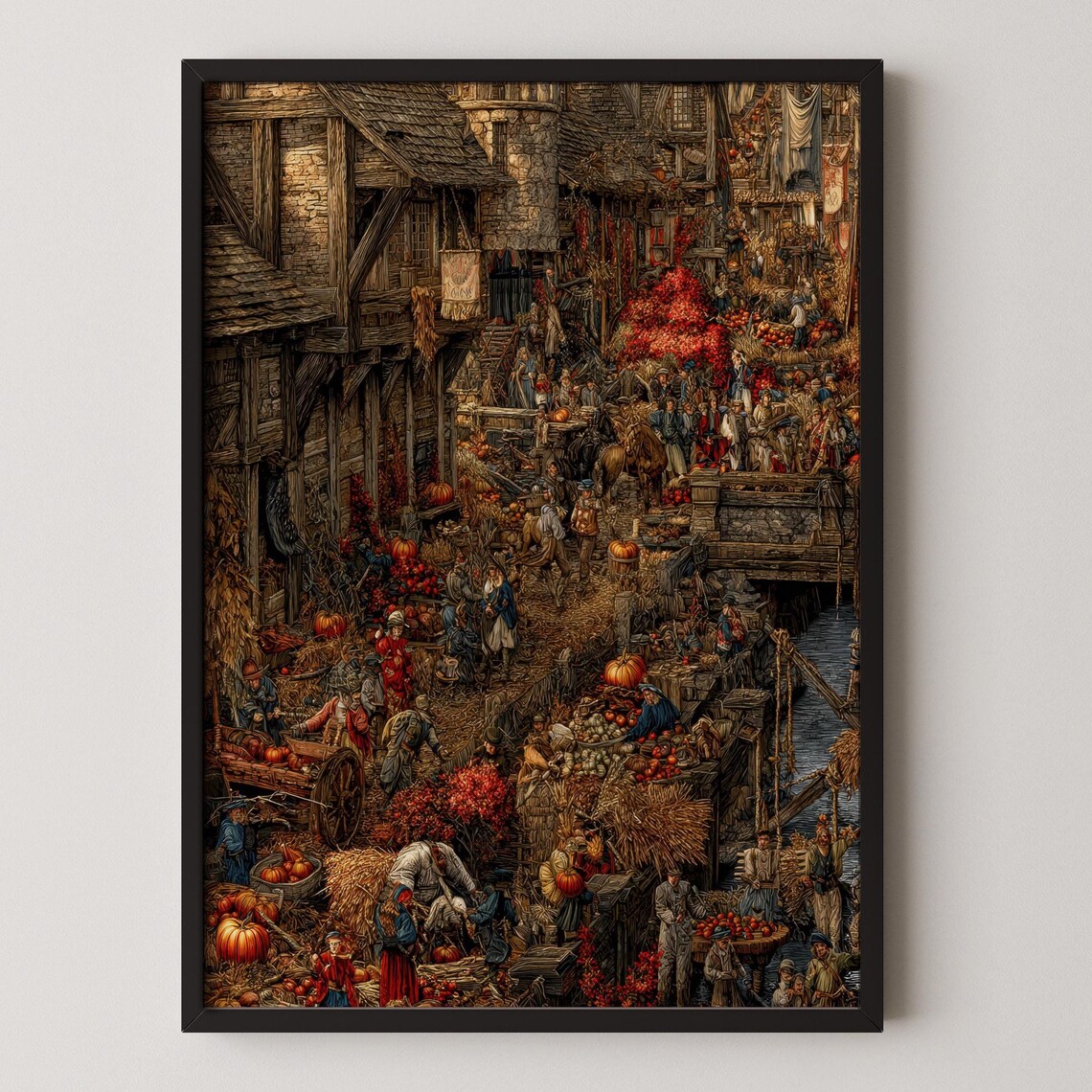Medieval Autumn Harvest Market Village Fair Scene Detailed Wall Art