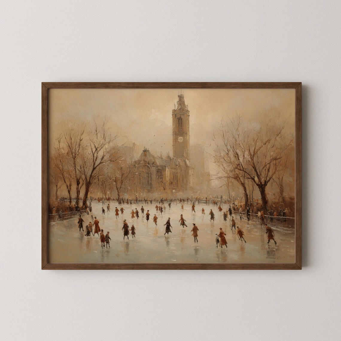 Vintage Ice Skating Rink Winter Scene Clock Tower Holiday Poster
