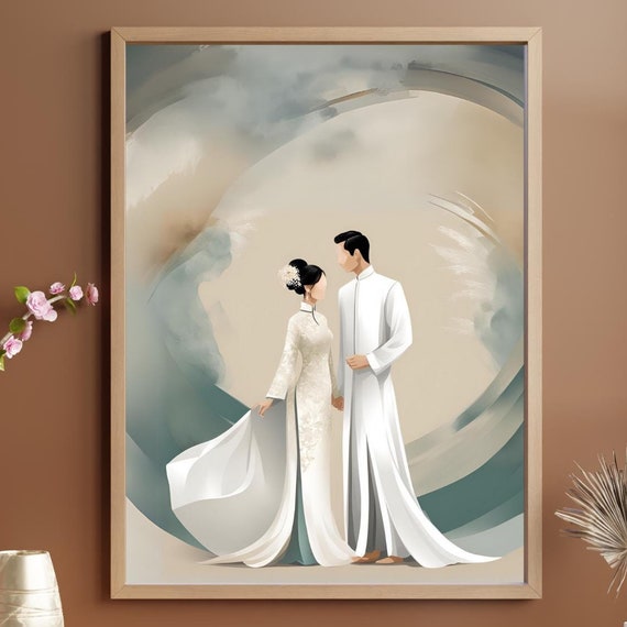 Vietnamese Ao Dai Wedding Couple Modern Abstract Vertical Poster Vietnam Traditional Dress Decor Gift Colorful Neutral Viet Painting