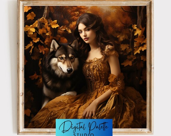Girl With Wolf, Autumn Halloween Art Print