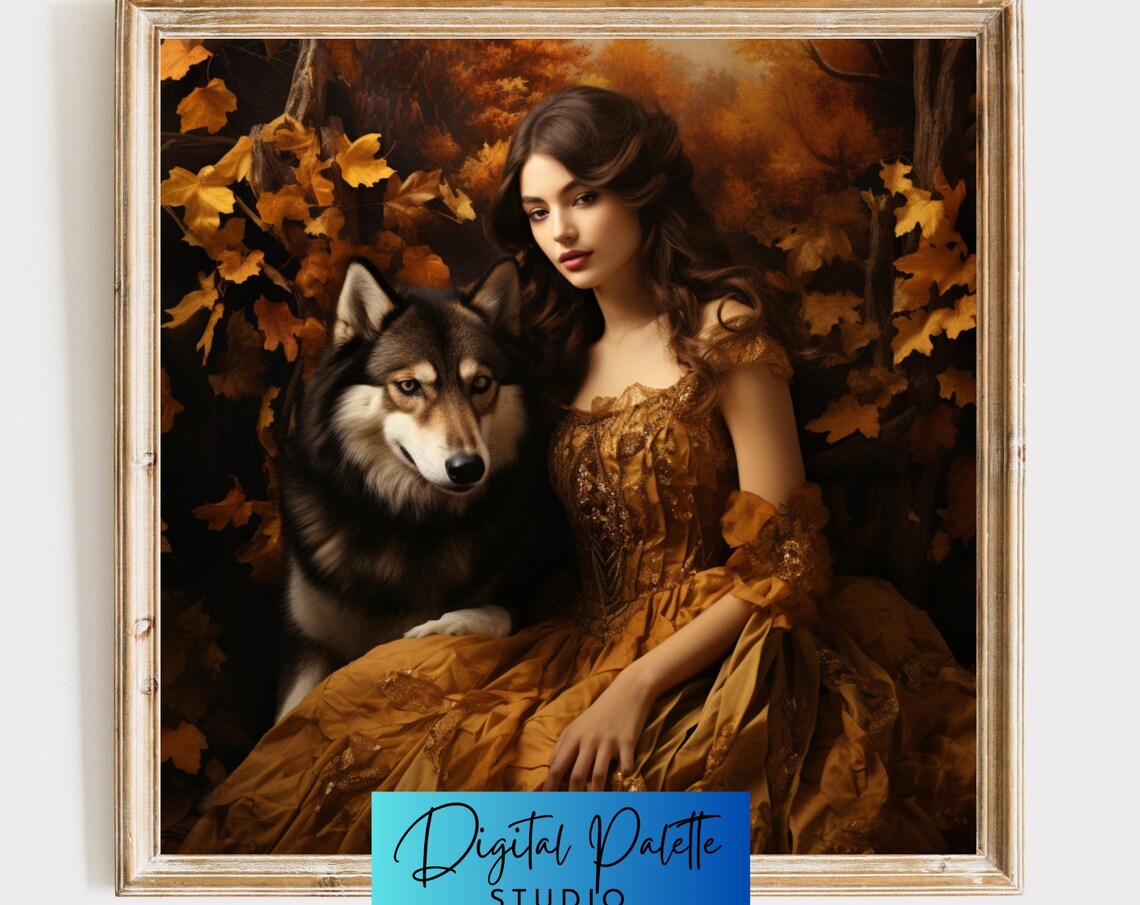 Girl With Wolf, Autumn Halloween Art Print