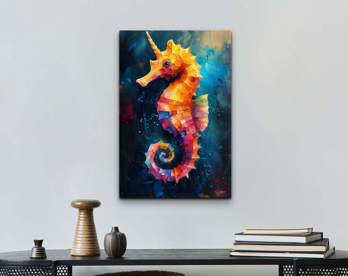 Colorful Mosaic Seahorse Orange Pink Dark Teal Ocean Art Poster