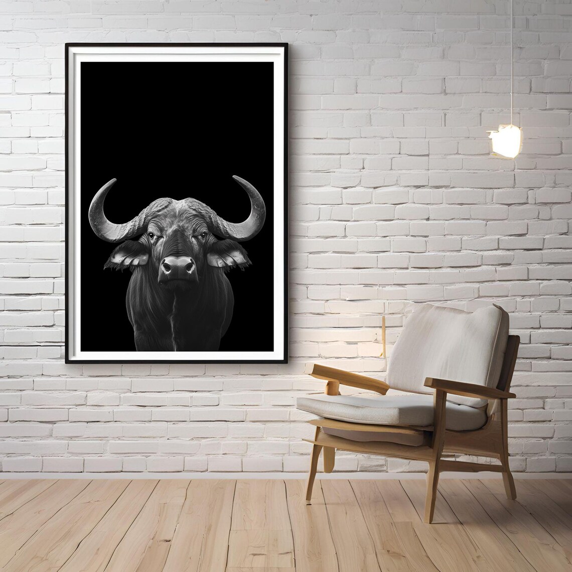 Black and White African Buffalo Portrait Wildlife Art Poster - Image 2