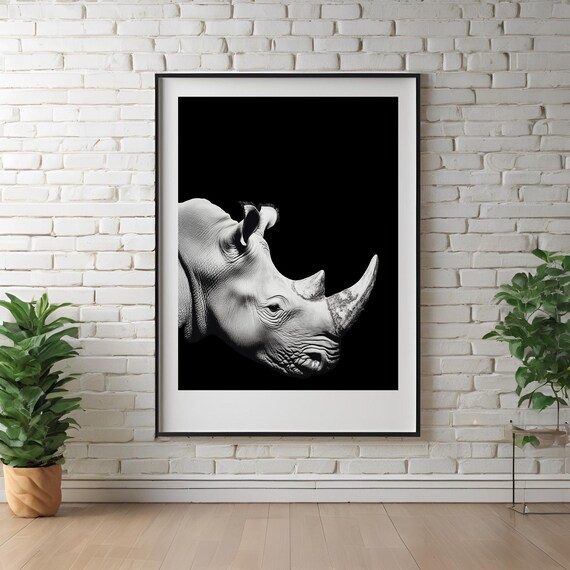 Black and White Rhino Portrait Striking Minimalist Wildlife Poster