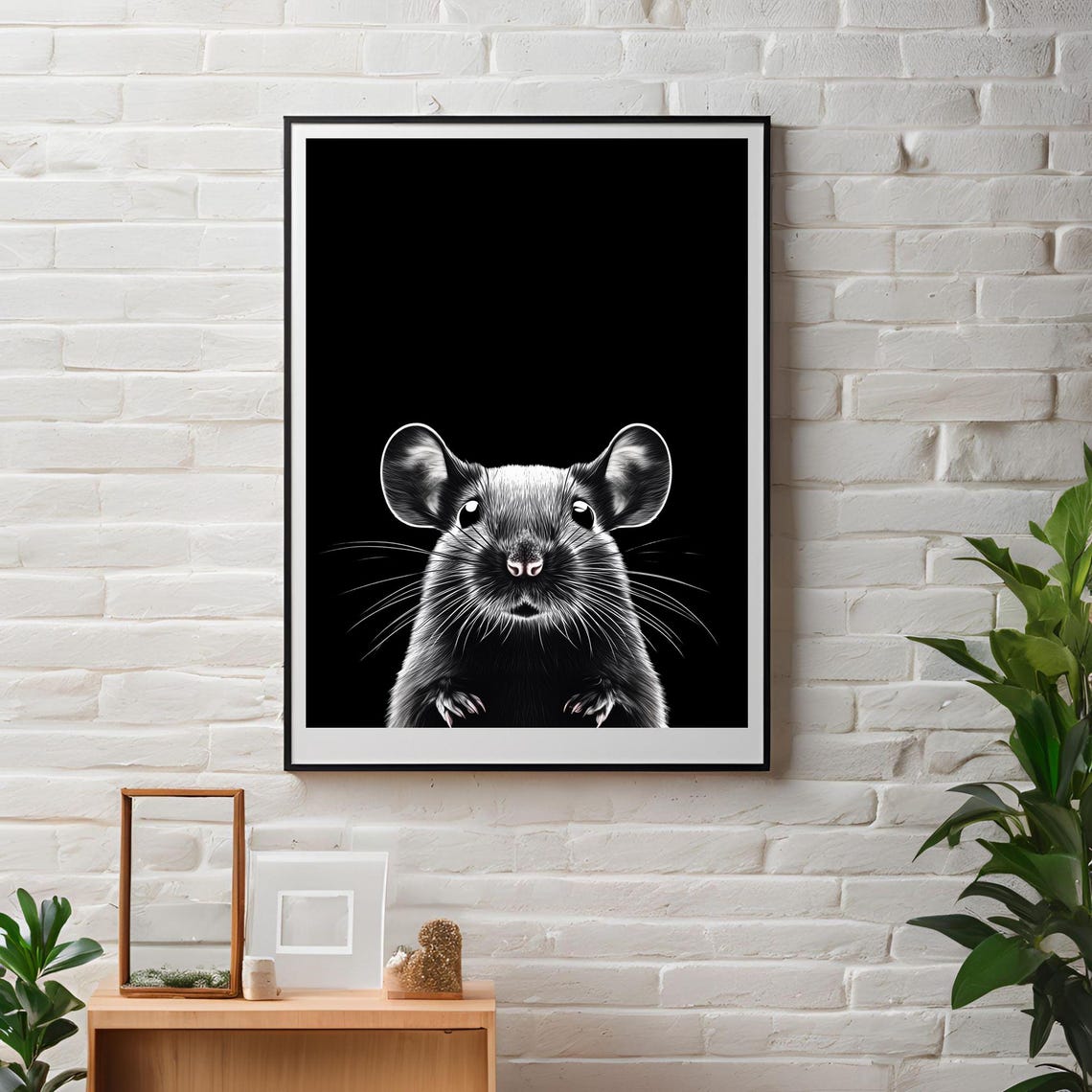 Black and White Cute Mouse Portrait Minimalist Wildlife Poster