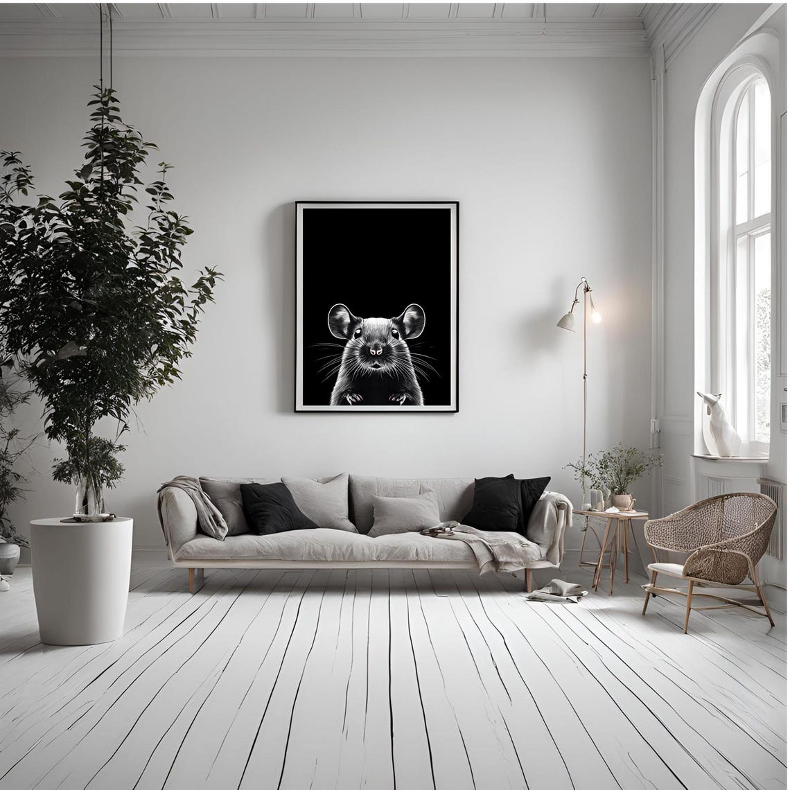 Black and White Cute Mouse Portrait Minimalist Wildlife Poster - Image 2