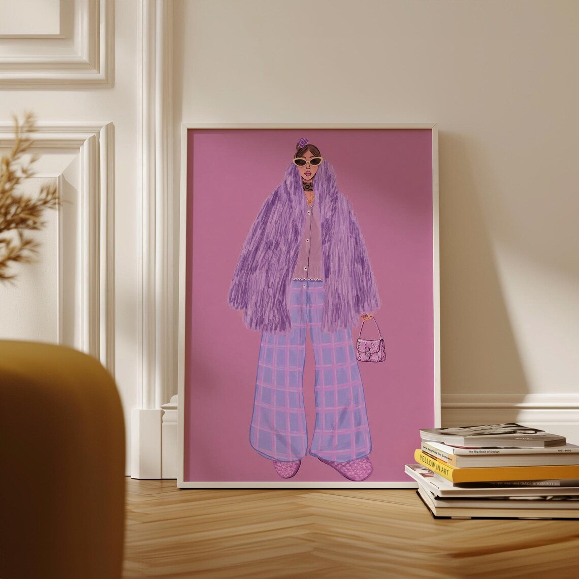 Pastel Pink Fashion Girl Purple Fur Coat Plaid Pants Illustration Poster