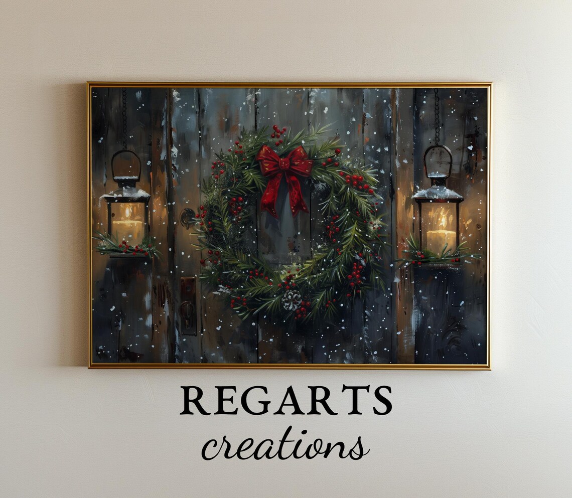 Antique Christmas Wreath With Red Bow On Dark Wooden Door Poster - Image 3