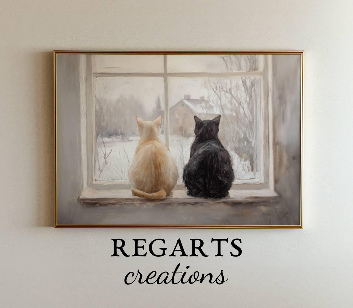 Two Cats At Winter Window Snowy Cottage View Cozy Feline Poster
