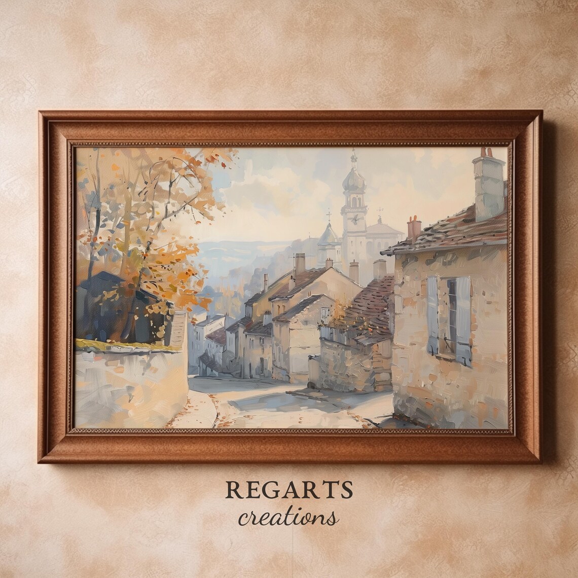 French Village Street Painting Autumn Morning Light Church Tower Poster - Image 2
