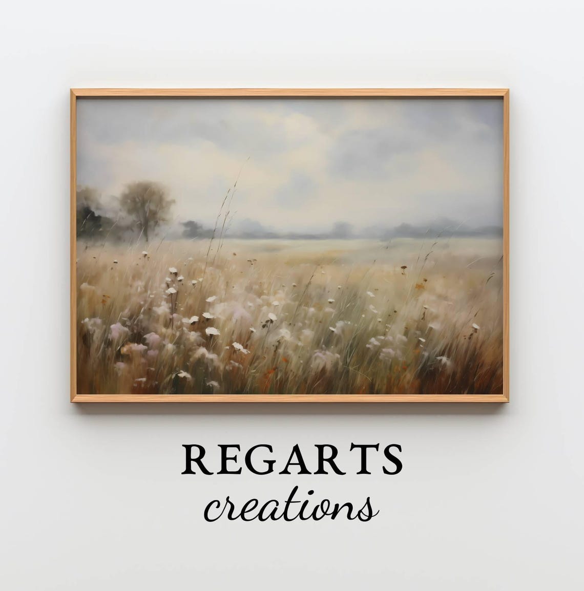 Misty Meadow Painting Tall Grass White Blooms Neutral Tones Poster - Image 3