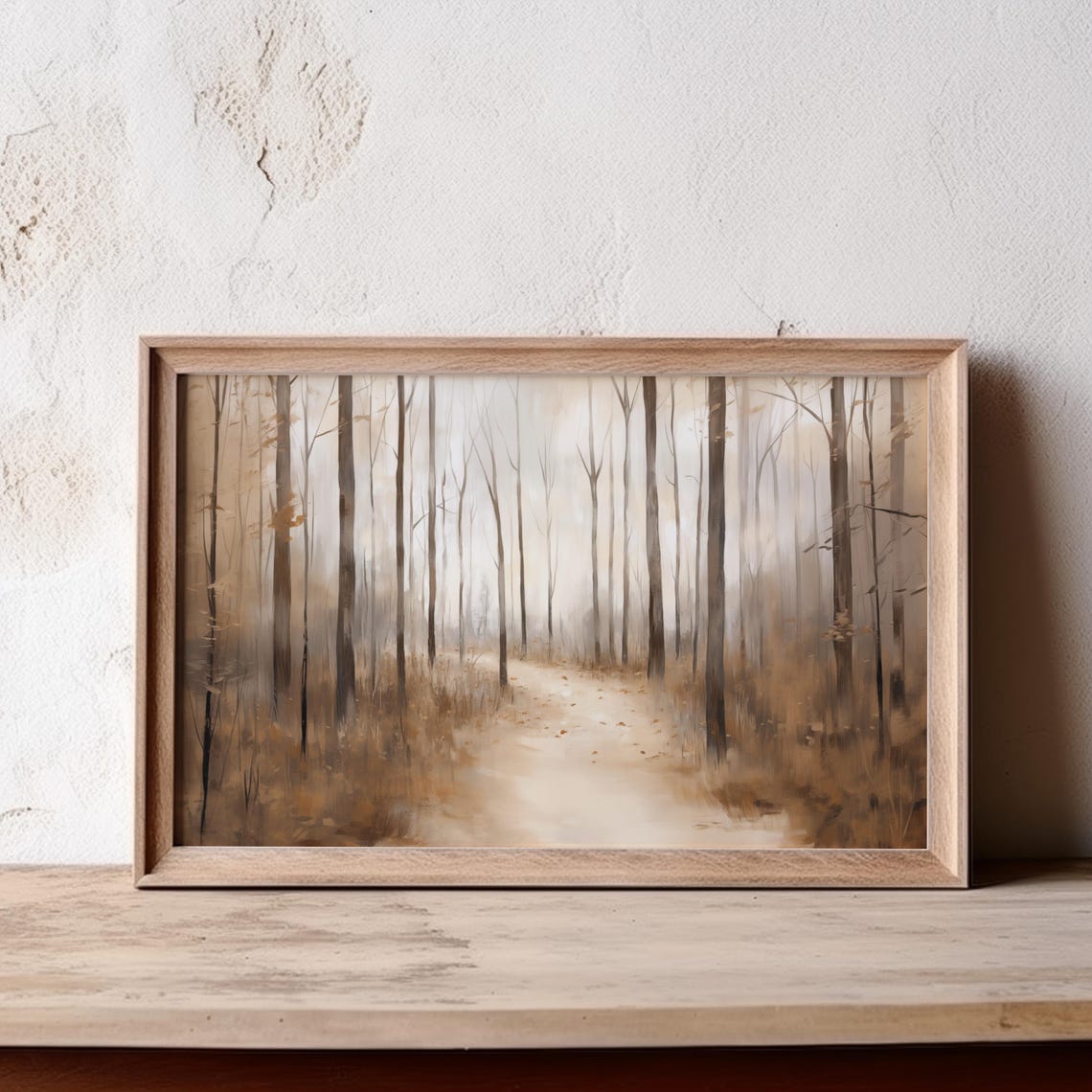 Misty Forest Path Through Tall Trees Neutral Beige Woodland Poster - Image 7