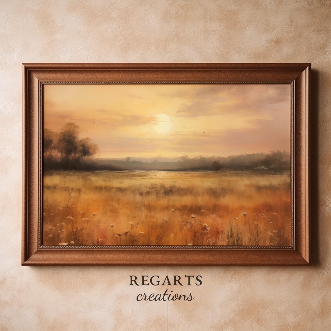 Golden Autumn Meadow Sunset Oil Painting Vintage Landscape Poster