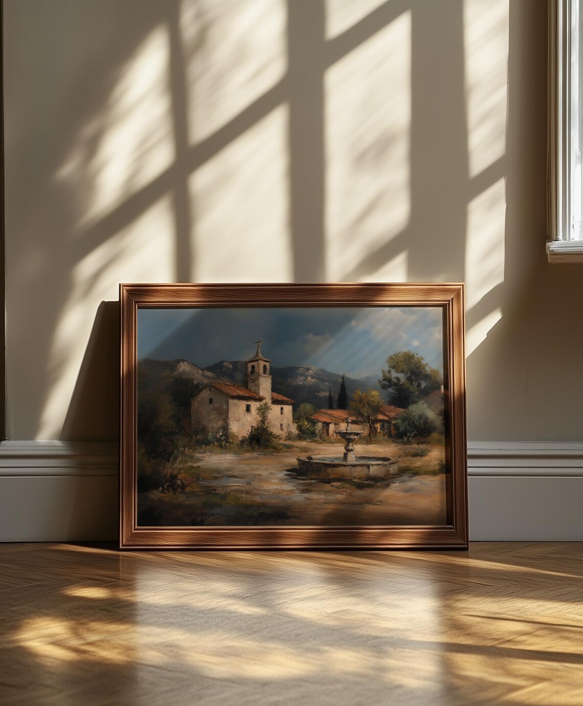 French Church Painting Stone Fountain Village Square Mountains Poster - Image 7