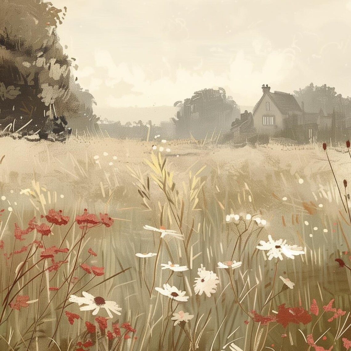 English Meadow Painting Summer Wildflowers And Distant Cottage Poster - Image 5