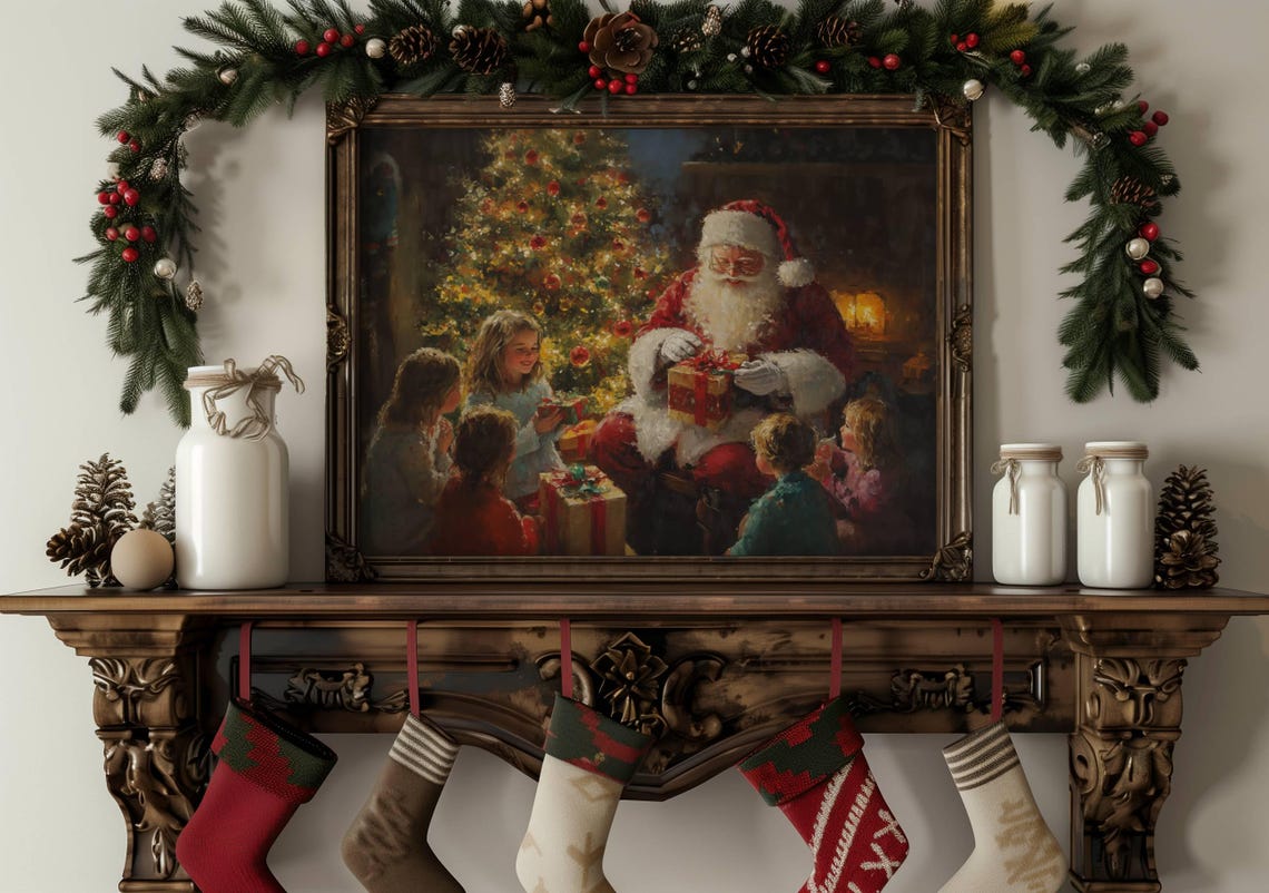 Santa Claus With Children Opening Gifts By Christmas Tree Poster