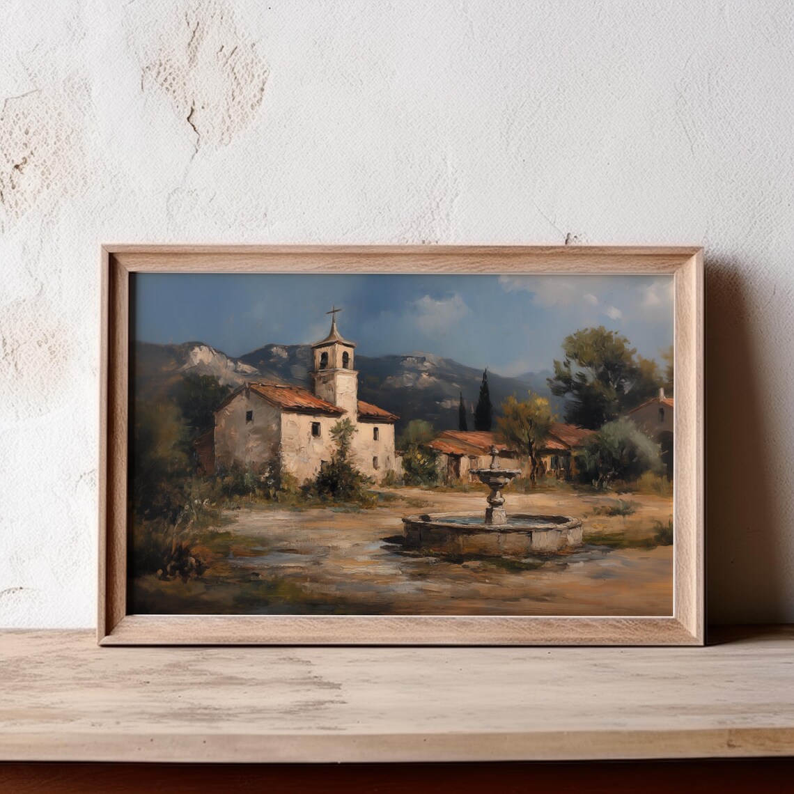 French Church Painting Stone Fountain Village Square Mountains Poster - Image 5