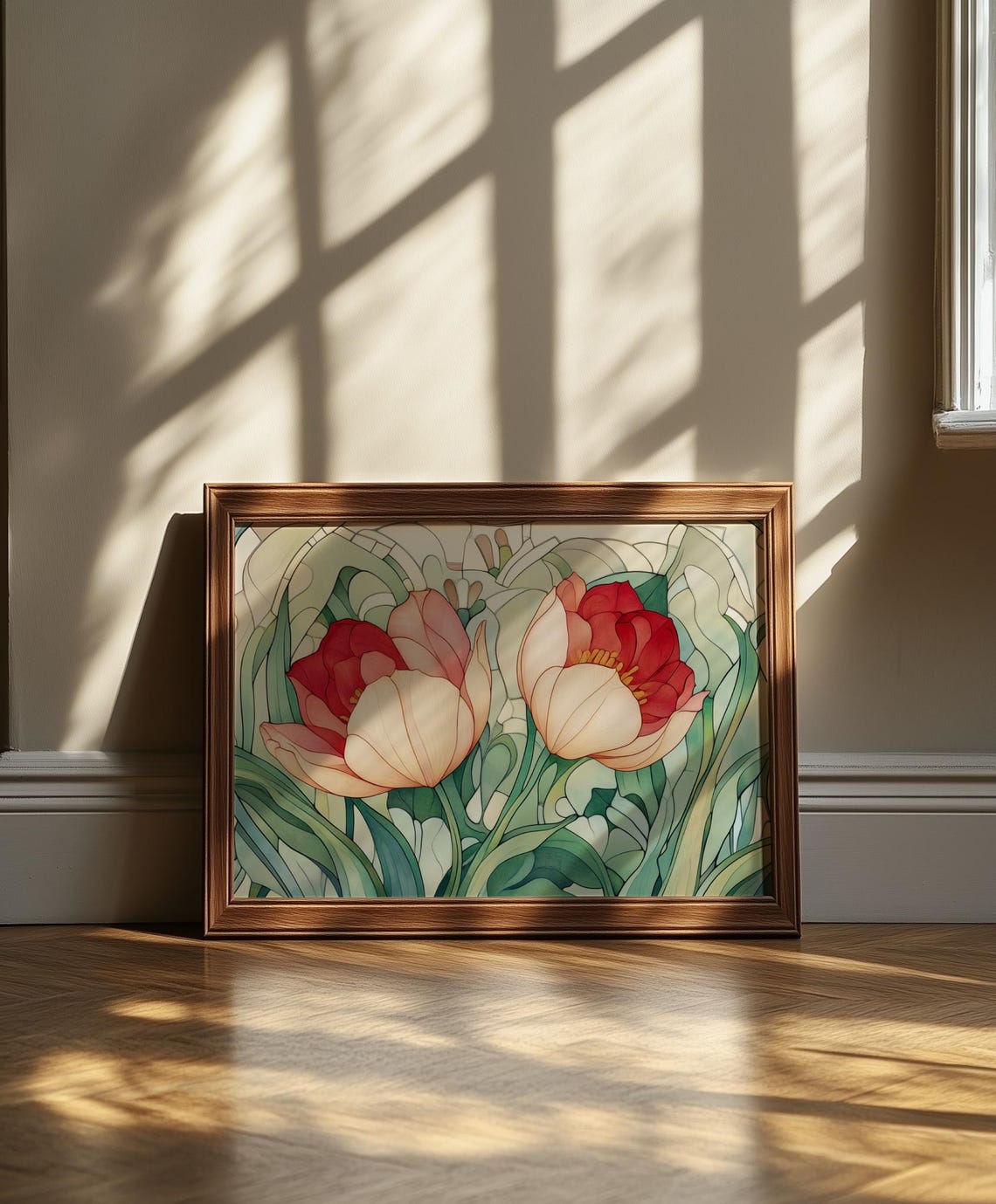 Art Nouveau Red And Cream Tulips Stained Glass Style Floral Poster - Image 4