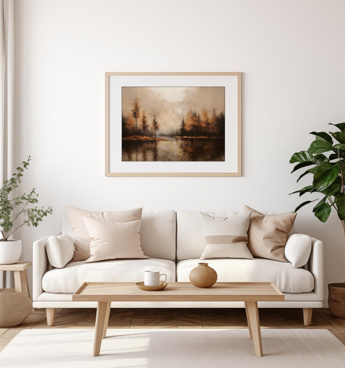Misty Autumn Lake Painting Golden Trees Reflection Calm Scene Poster - Image 3