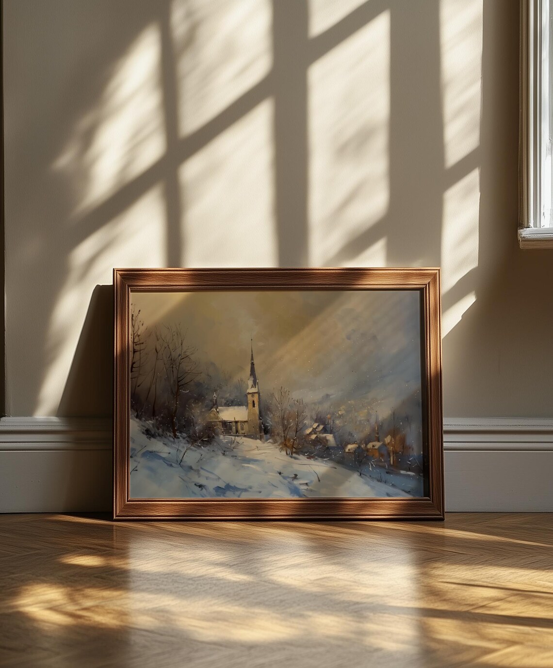 Winter Church Scene Painting Snowy Village At Golden Light Poster - Image 3