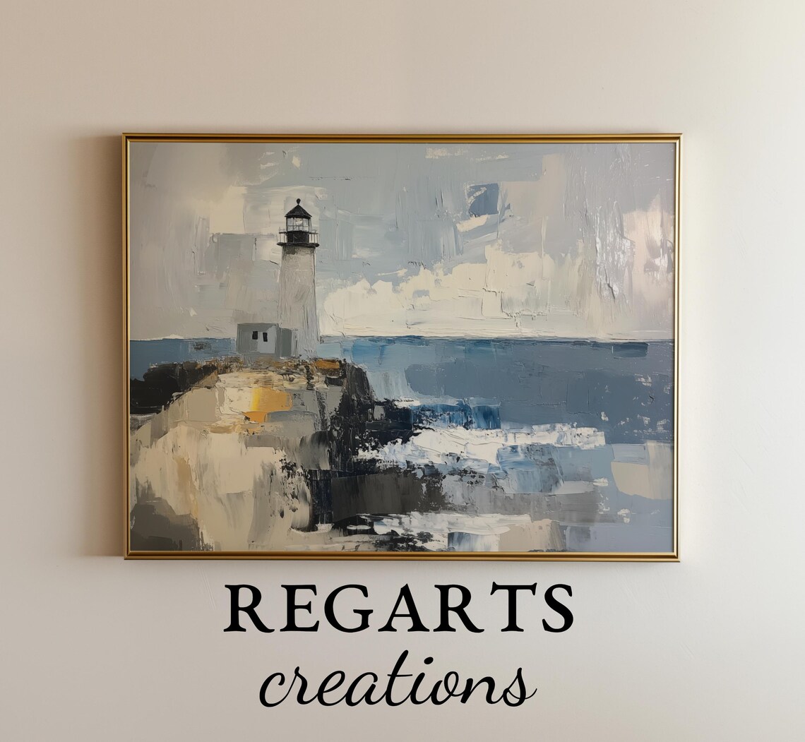 Lighthouse On Rocky Cliffs Abstract Coastal Seascape Blue Poster