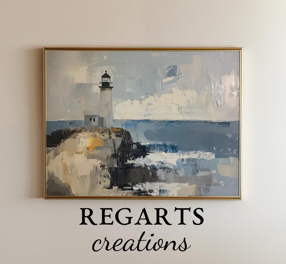 Lighthouse On Rocky Cliffs Abstract Coastal Seascape Blue Poster