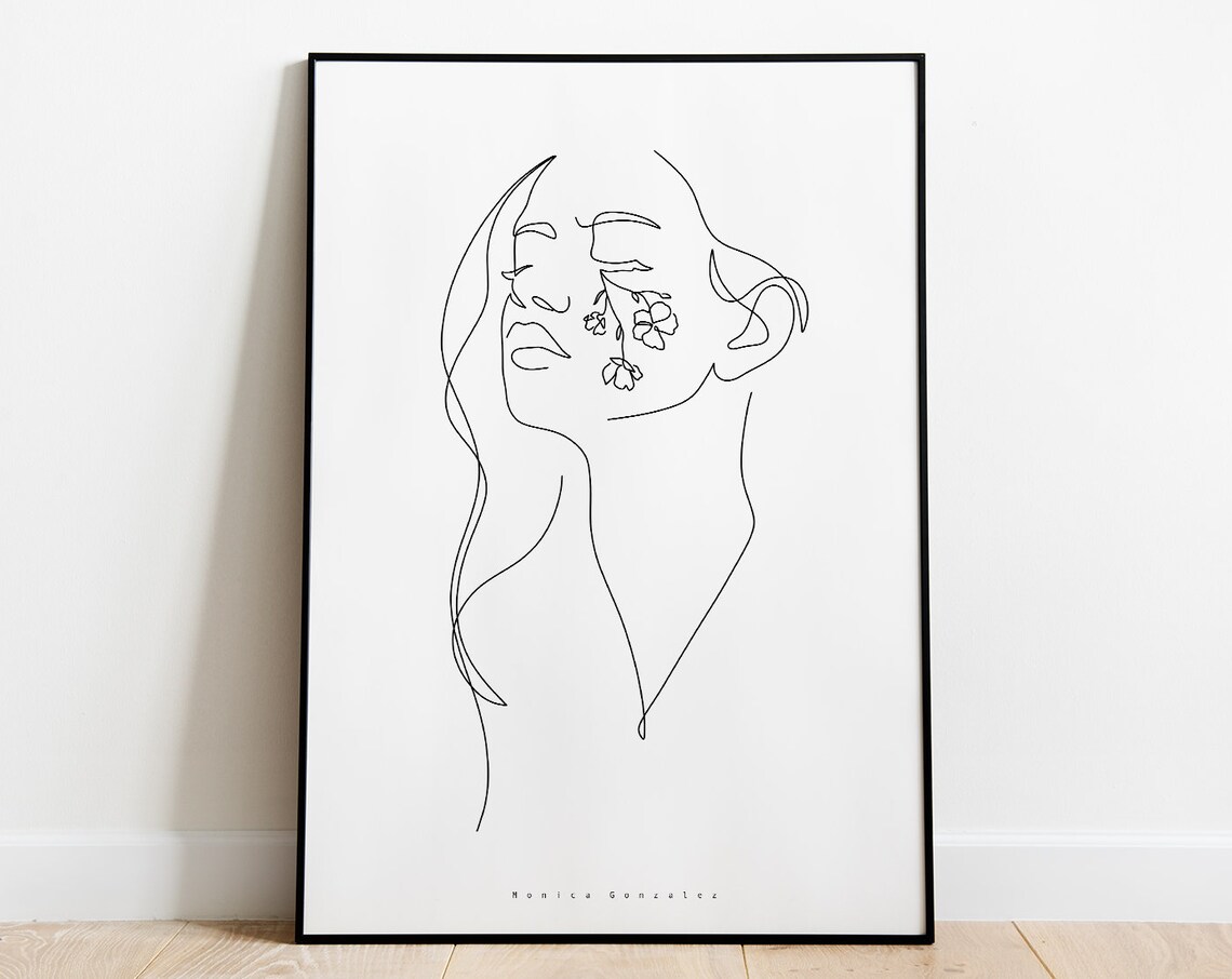 Minimalist Woman Face Floral One Line Art Portrait Poster Decor