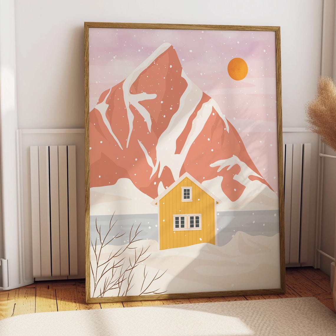 Scandinavian Yellow Cabin Snowy Mountain Winter Landscape Print