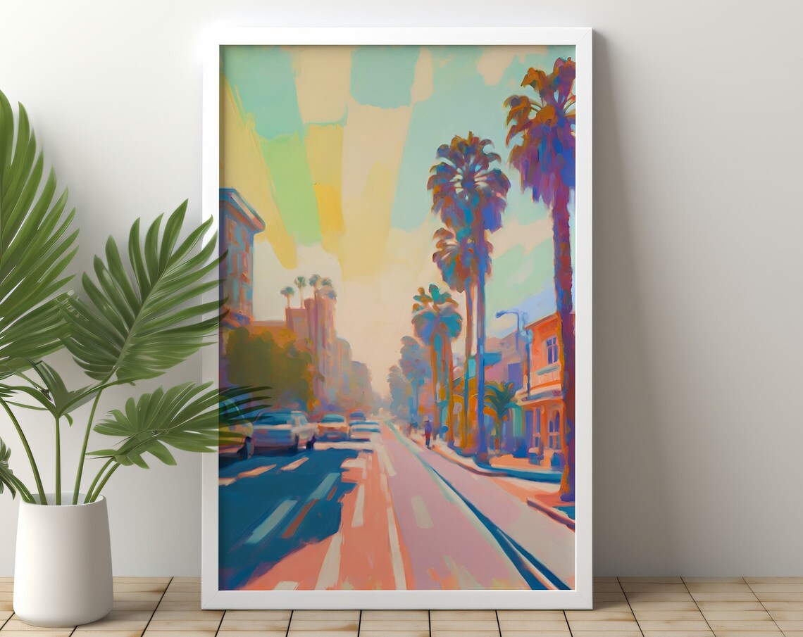 Santa Monica Coastal Street Art Print, Preppy Beach House Decor