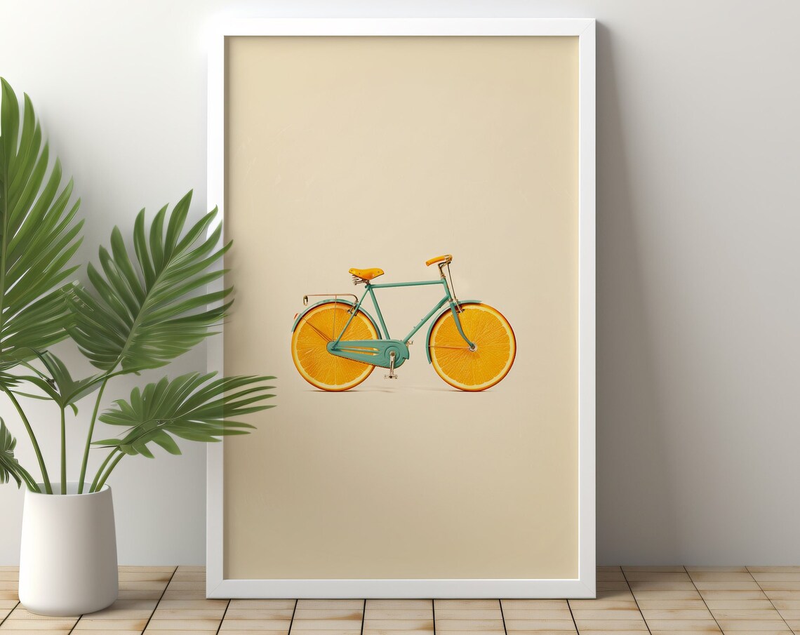 Vintage Orange Slice Bicycle Poster, Mid-Century Boho