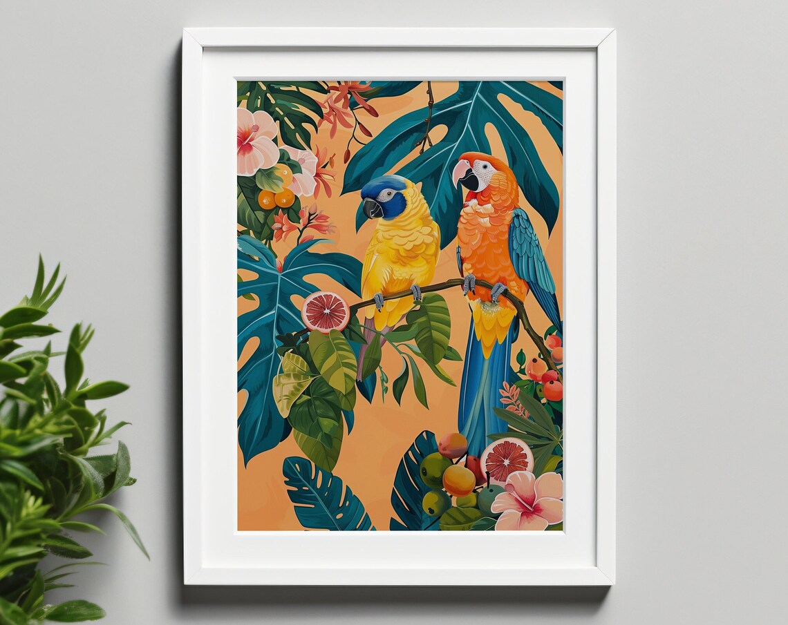 Botanical Parrot Jungle Poster, Maximalist Safari Decor