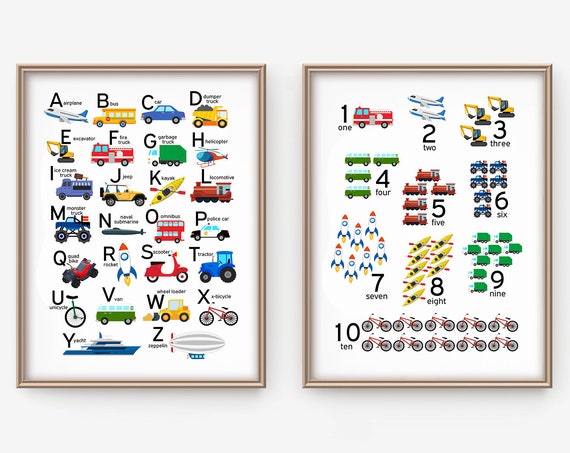 Transportation Alphabet Numbers Poster Abc 123 Vehicle Wall Art Construction Print For Boys Abc 123 Educational Print