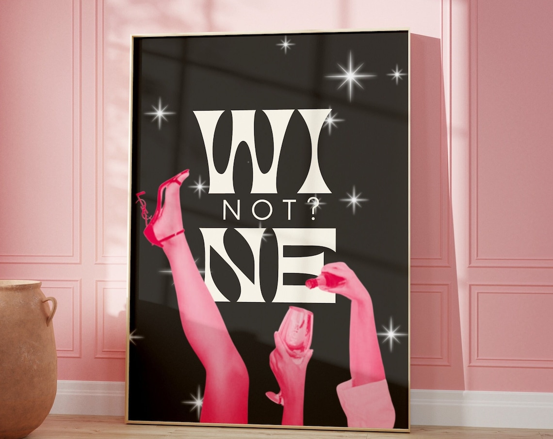 Wine Not Retro Pink Black Wine Glasses Glam Sparkle Bar Poster