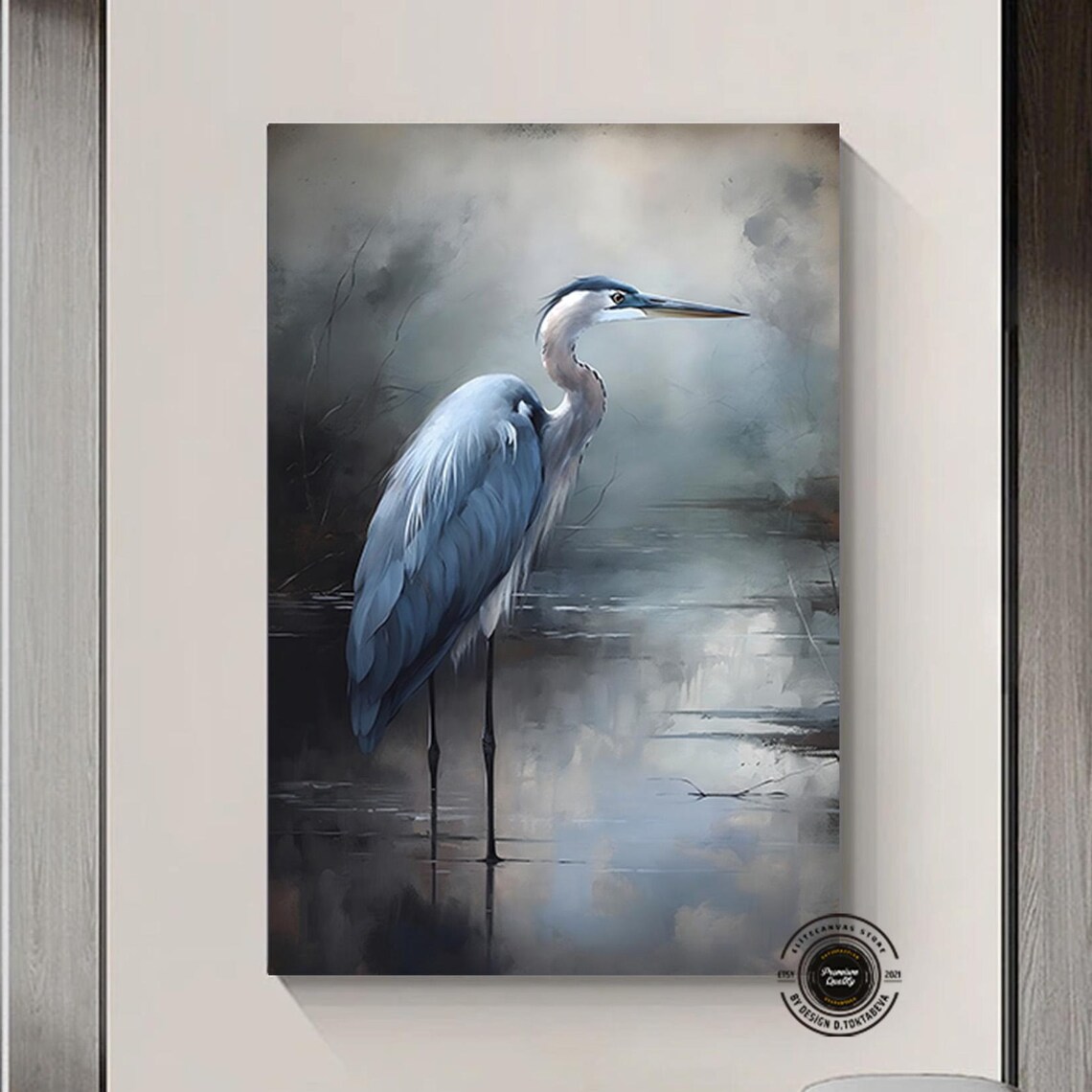 Blue Heron Standing Misty Water Lake Serene Nature Painting Poster