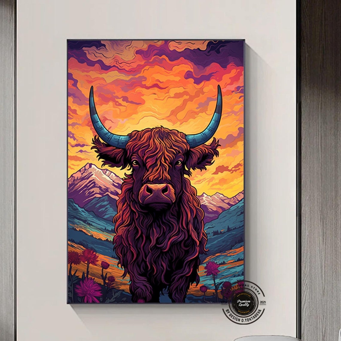 Highland Cow Pop Art Mountain Sunset Scene Purple Orange Poster