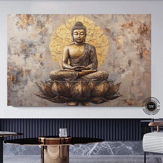 Golden Buddha Meditating Lotus Zen Calm Spiritual Art Poster
