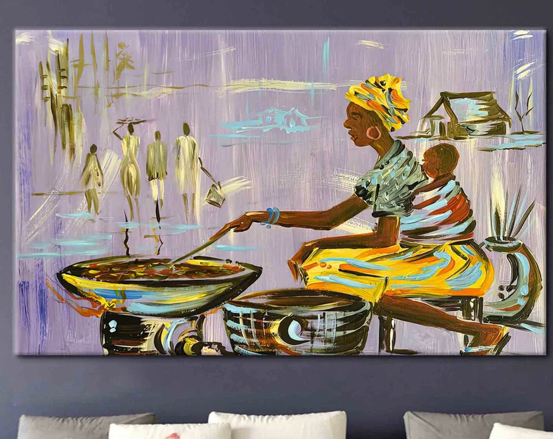 African Mother Cooking Art Print, Nigerian Decor