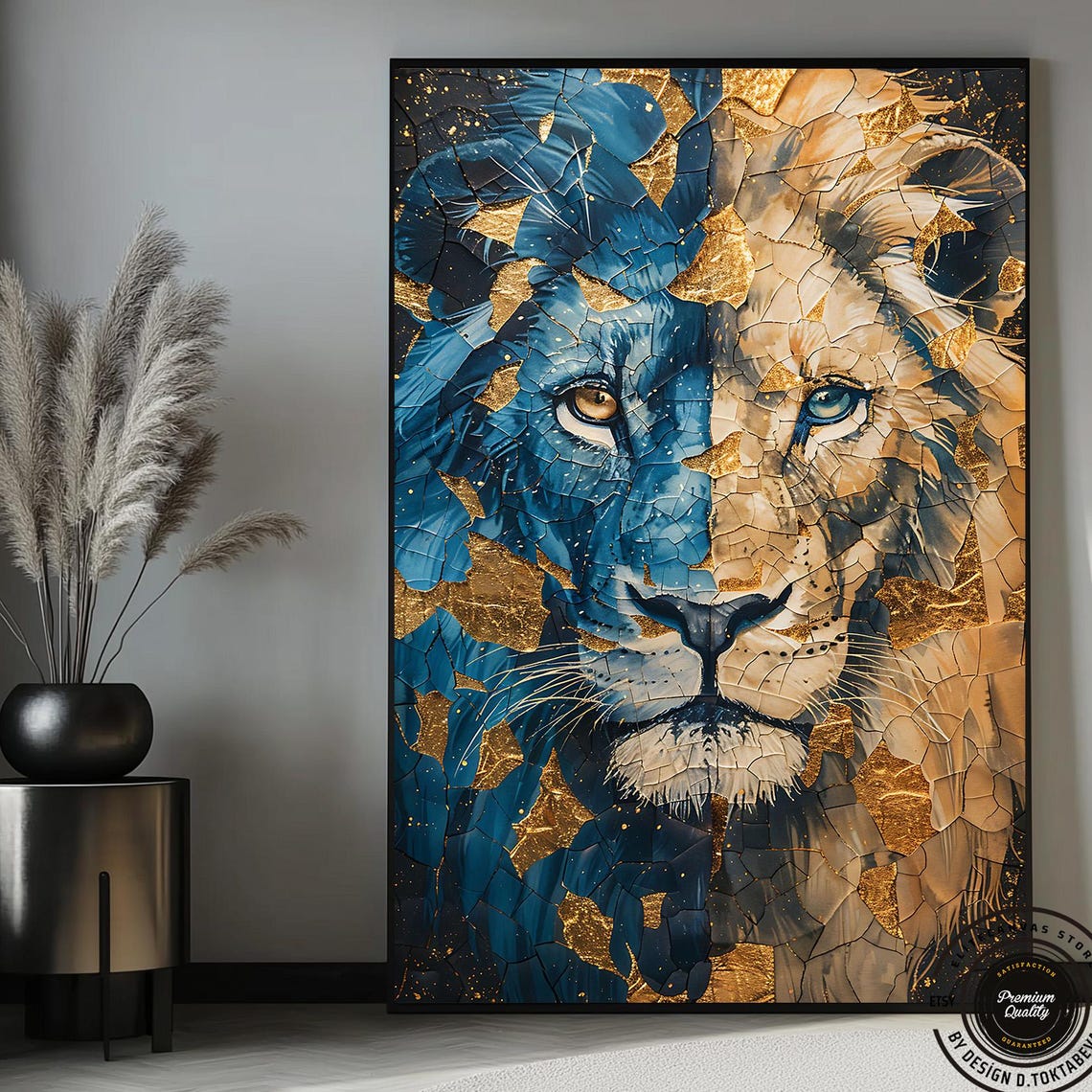 Majestic Lion Face Blue Gold Mosaic Split Abstract Wildlife Art Poster