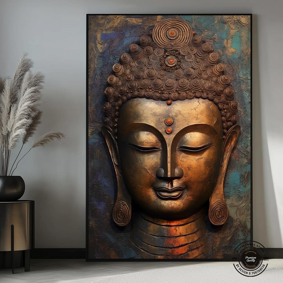 Bronze Buddha Head Relief on Teal Background Zen Spiritual Statue Poster