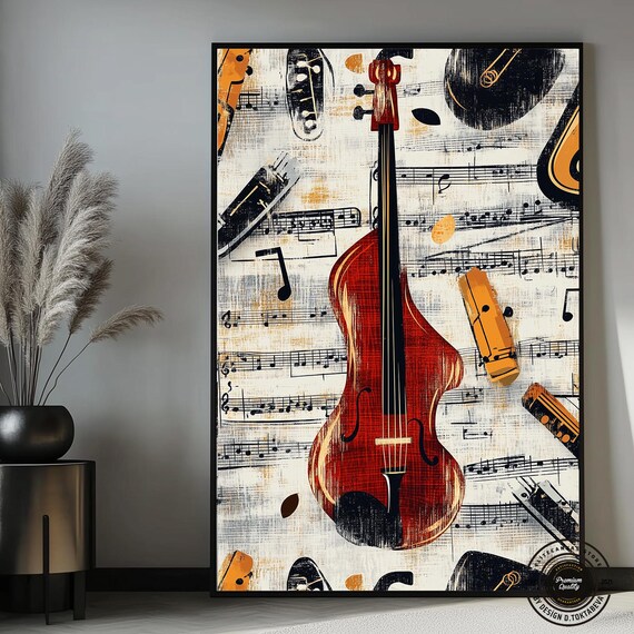 Red Violin on Music Sheet Collage with Instruments Grunge Music Art Poster