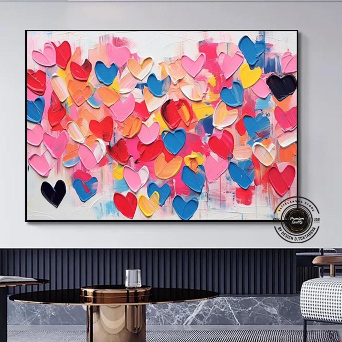 Romantic Colorful Hearts Impasto Abstract Texture Love Poster