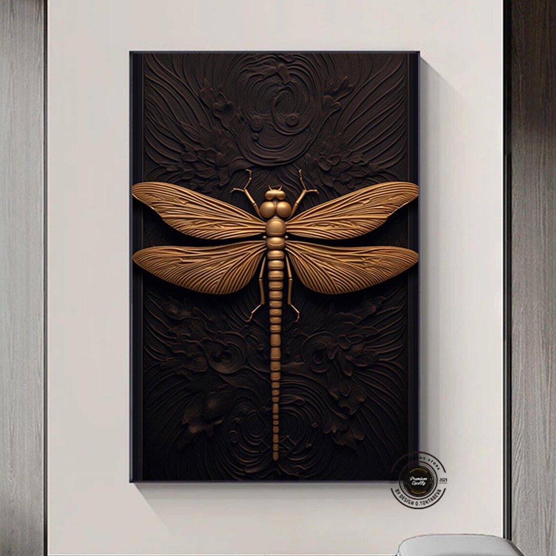 Golden Dragonfly Sculpture Dark Carved Wood Elegant Wall Poster