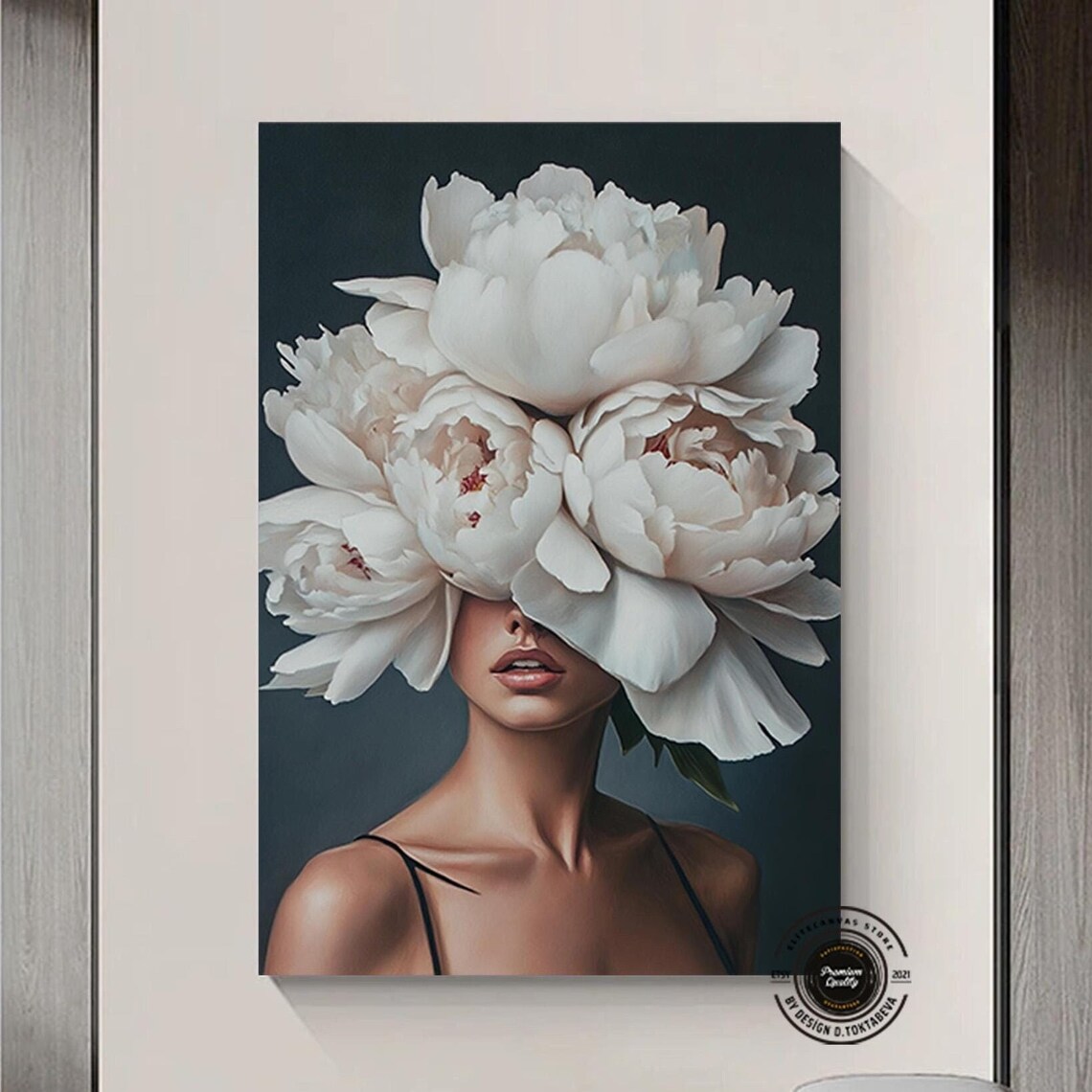 Woman with White Peony Flowers Elegant Dark Botanical Art Poster