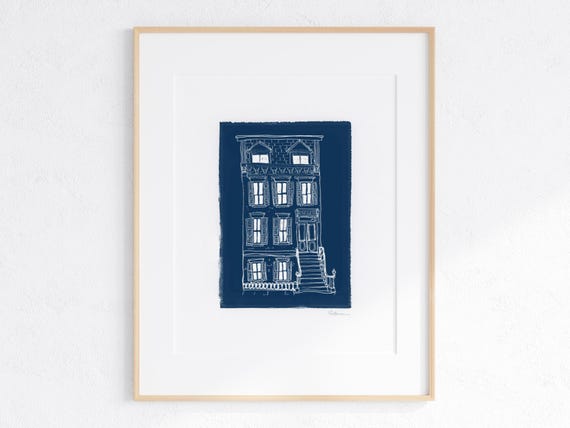 Brownstone Blue Print Small Gicle Fine Art Print Illustration Art Minimalist Art Wall Art Drawing Wall Decor Architecture Art
