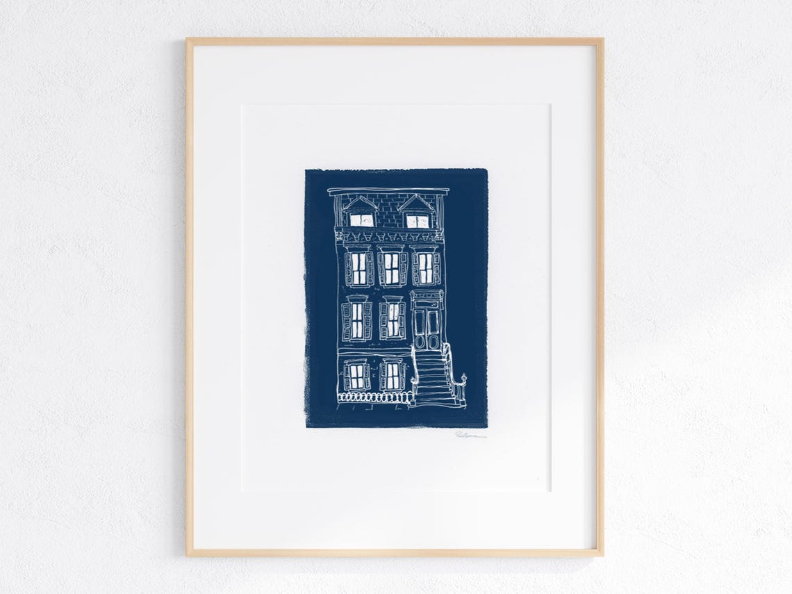 Brownstone Blue Print Small Gicle Fine Art Print Illustration Art Minimalist Art Wall Art Drawing Wall Decor Architecture Art
