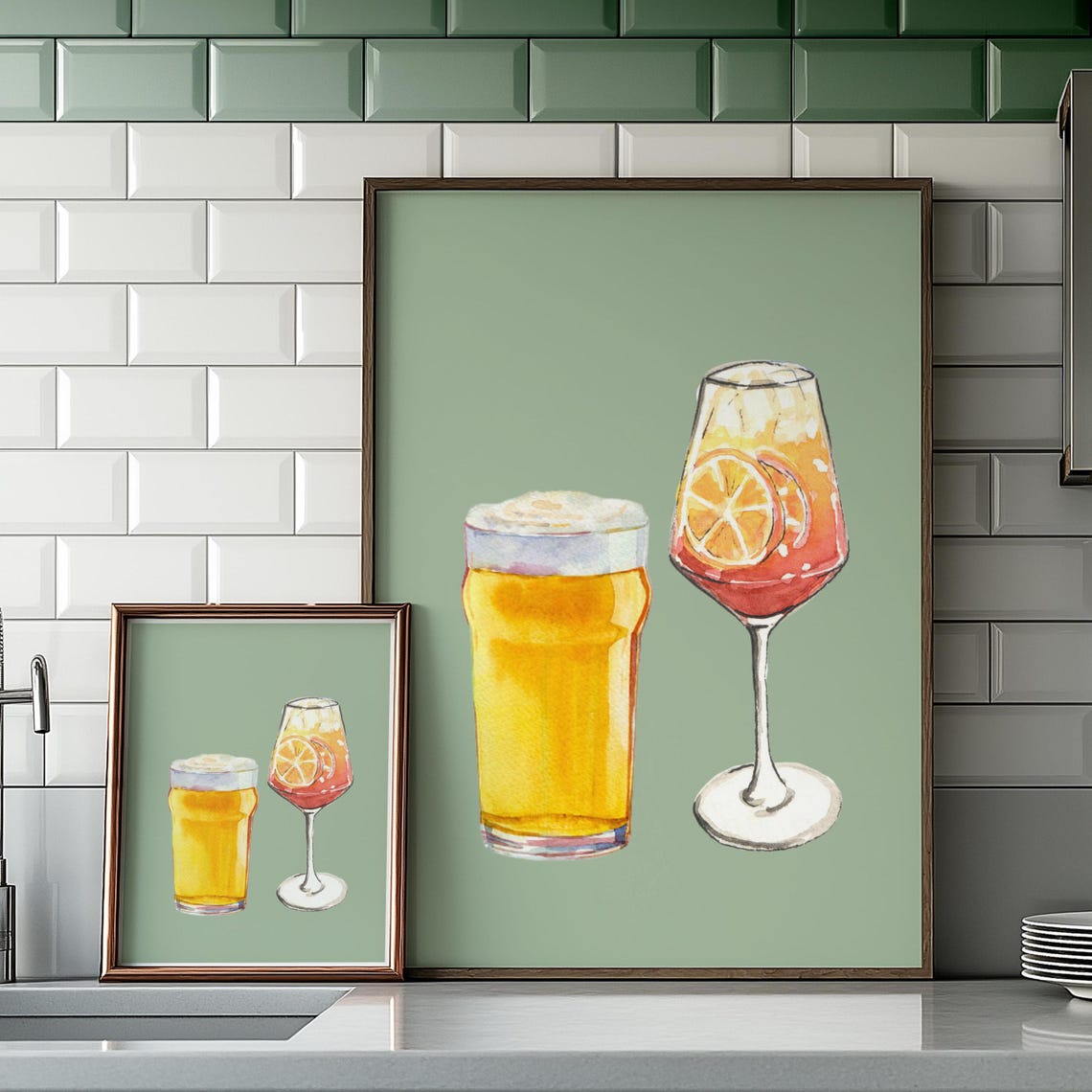 Beer and Aperol Spritz Sage Green Cocktail Kitchen Art Poster